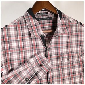 Sean John Men Tailored Fit Plaid Button Down Shirt Red White Black Cotton Size M